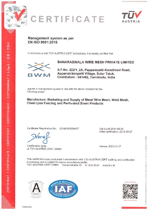 ISO 9001:2015 TÜV Austria Certificate – Banaraswala Wire Mesh Pvt. Ltd.